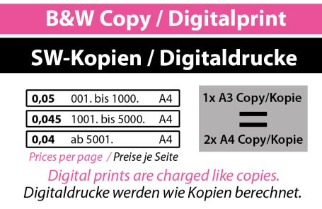 Preise für SW-Kopien und Digitaldrucke in verschiedenen Formaten und Mengen.